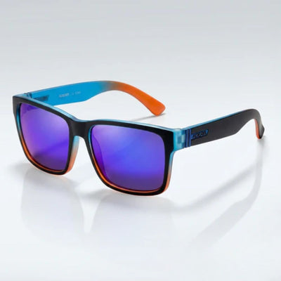 Stylish gradient sunglasses with blue-orange frames and purple mirrored lenses for trendy everyday wear.