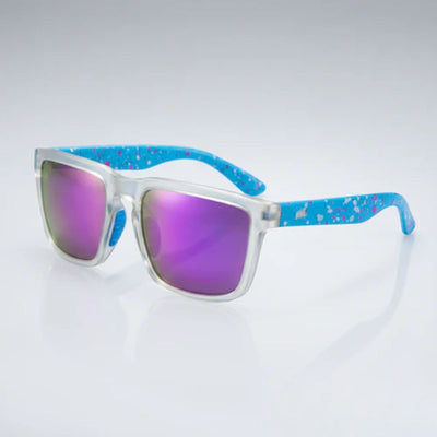 Trendy purple mirrored sunglasses with clear frame and blue speckled arms for stylish everyday wear