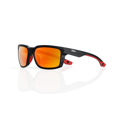 Flux sport wrap sunglasses in Orange / Black, orange lens on black frame, three-quarter view