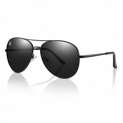 Nexus metal aviator sunglasses in Grey / Black, grey lens on black frame, three-quarter view