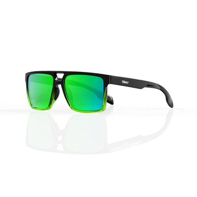 Sasha flat-top square sunglasses in Green / Black, green lens on black frame, three-quarter view