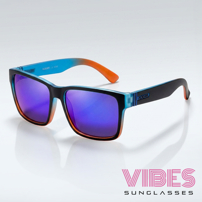 Stylish gradient sunglasses with blue-orange frames and purple lenses for trendy everyday wear
