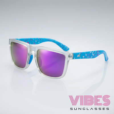 Stylish purple mirrored sunglasses with blue speckled arms for trendy everyday wear