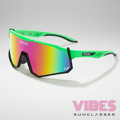 Vibrant green KDEAM sunglasses with rainbow gradient lenses, stylish and modern design for fashion lovers.