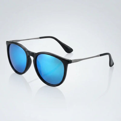 Stylish black frame sunglasses with blue mirrored lenses, modern design for everyday wear