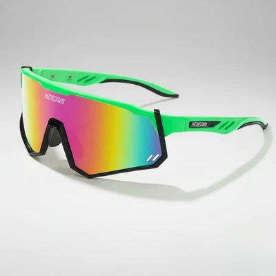 Vibrant green sport sunglasses with rainbow mirrored lens, sleek design for active lifestyle