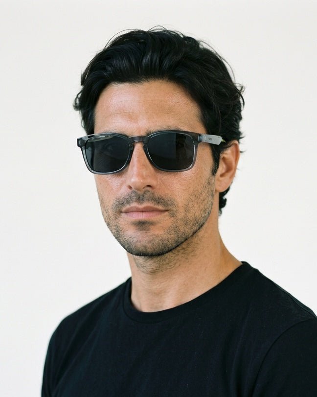Loft square sunglasses in Black / Black, black lens on black frame, worn by a man, front view