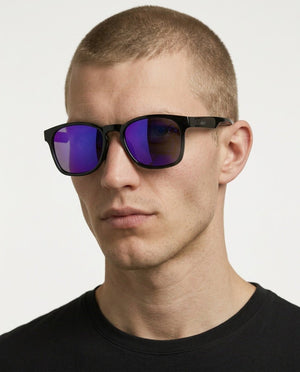 Loft square sunglasses in Purple / Black, purple lens on black frame, worn by a man, front view
