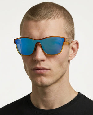 Radar performance wrap sunglasses in Blue / Yellow, blue lens on yellow frame, worn by a man, front view