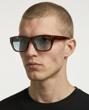 Riviera rectangle acetate sunglasses in Light Blue / Brown, light blue lens on brown frame, worn by a man, front view