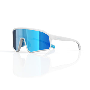 Brooklyn sport shield sunglasses in Blue / White, blue lens on white frame, three-quarter view