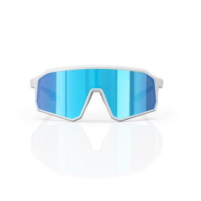 Brooklyn sport shield sunglasses in Blue / White, blue lens on white frame, front view
