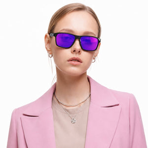 Delmar flat-top square sunglasses in Purple / Black, purple lens on black frame, worn, front view