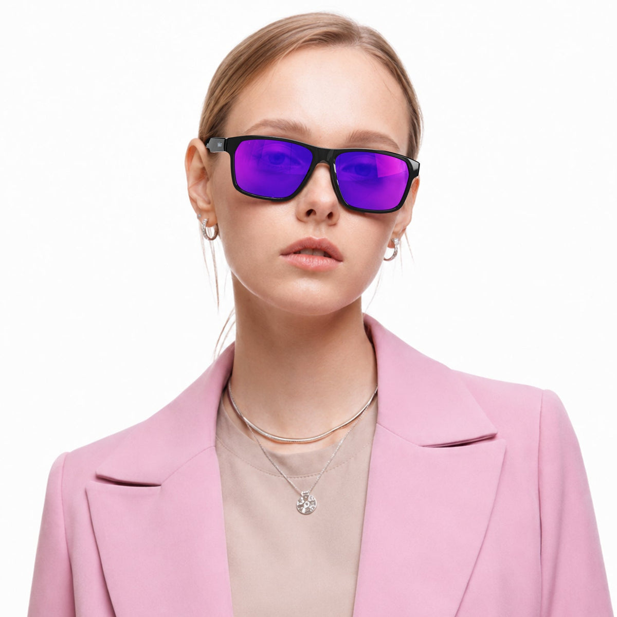 Delmar flat-top square sunglasses in Purple / Black, purple lens on black frame, worn, front view