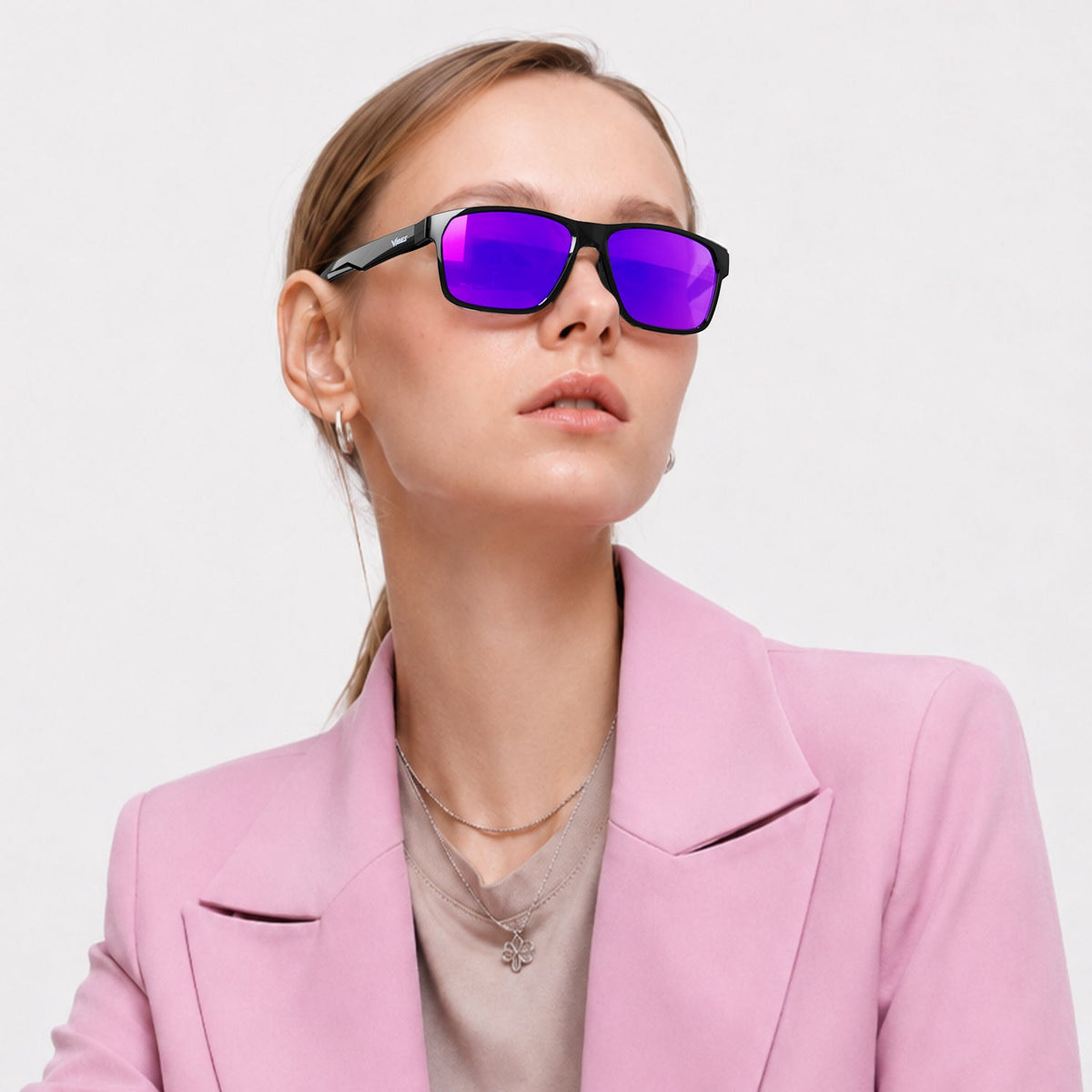 Delmar flat-top square sunglasses in Purple / Black, purple lens on black frame, worn, side view