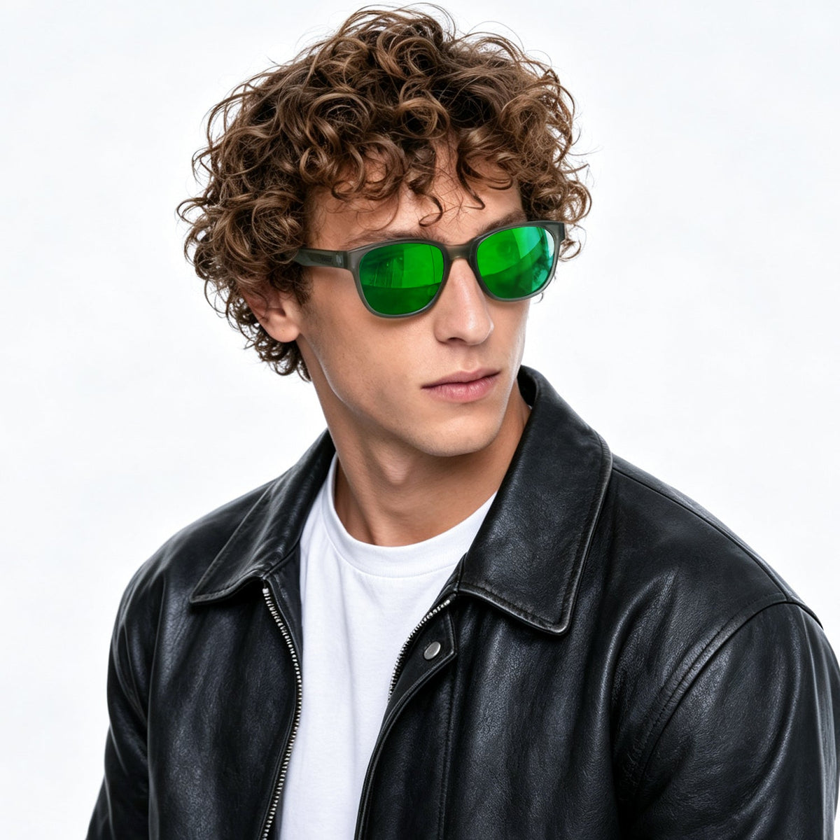 Delta 9 oversized round sunglasses in Green / Smoke Grey, green lens on smoke grey frame, worn, side view