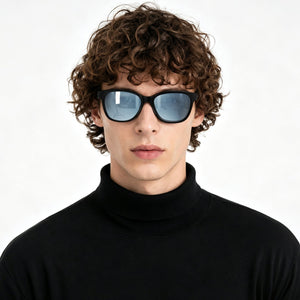 Delta 9 oversized round sunglasses in Grey / Black, grey lens on black frame, worn, front view