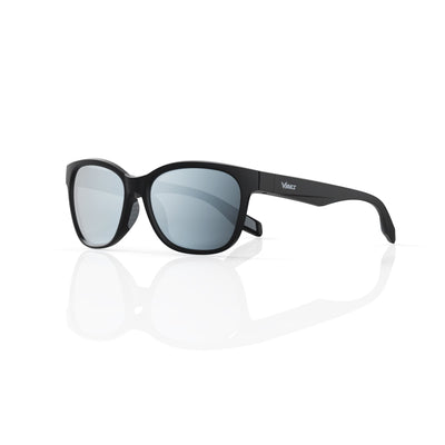 Delta 9 oversized round sunglasses in Grey / Black, grey lens on black frame, three-quarter view