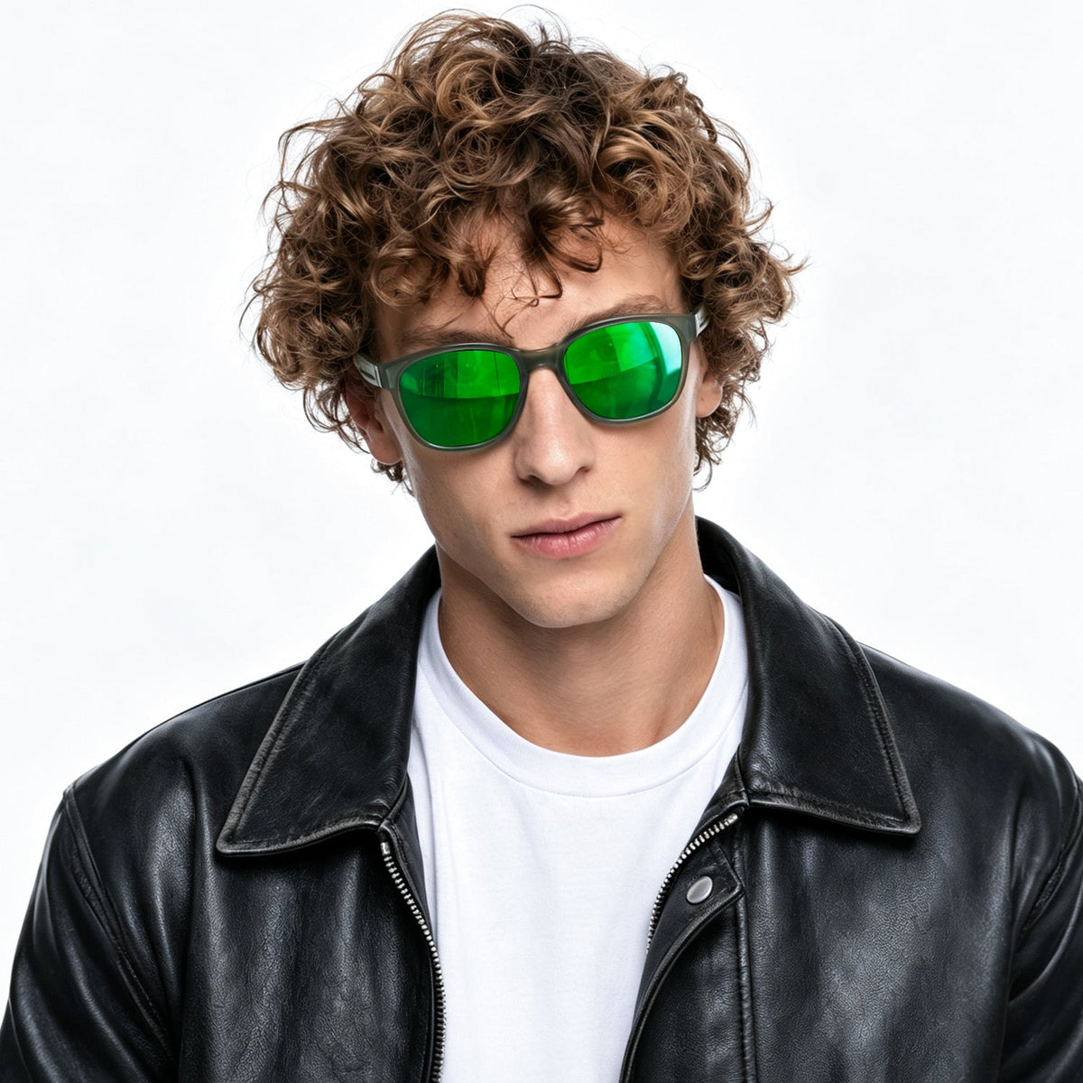 Delta 9 oversized round sunglasses in Green / Smoke Grey, green lens on smoke grey frame, worn, front view