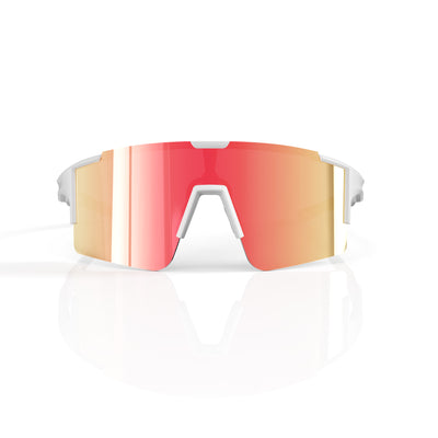 Dial Up sport shield sunglasses in Pink / White, pink lens on white frame, front view