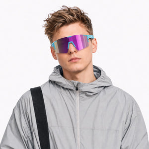 Dial Up sport shield sunglasses in Purple / White, purple lens on white frame, worn, front view