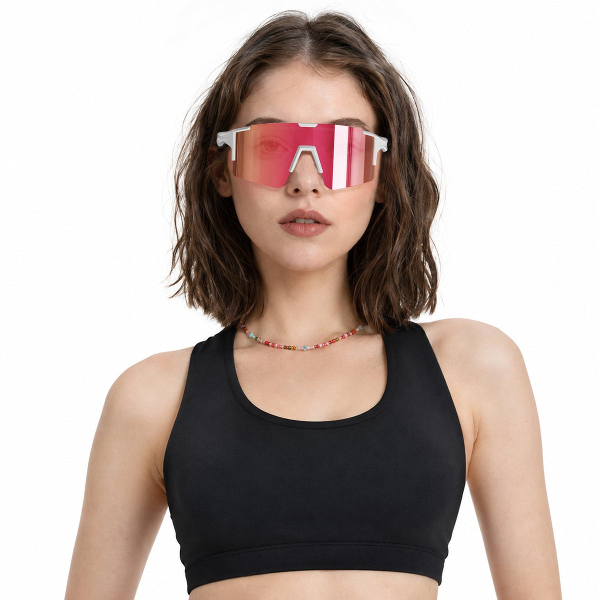Dial Up sport shield sunglasses in Pink / White, pink lens on white frame, worn, front view