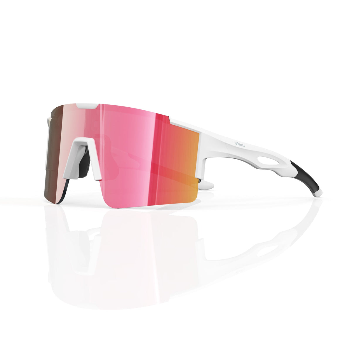 Dial Up sport shield sunglasses in Pink / White, pink lens on white frame, three-quarter view