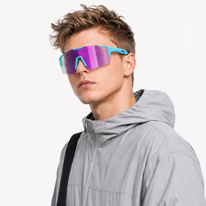 Dial Up sport shield sunglasses in Purple / White, purple lens on white frame, worn, side view