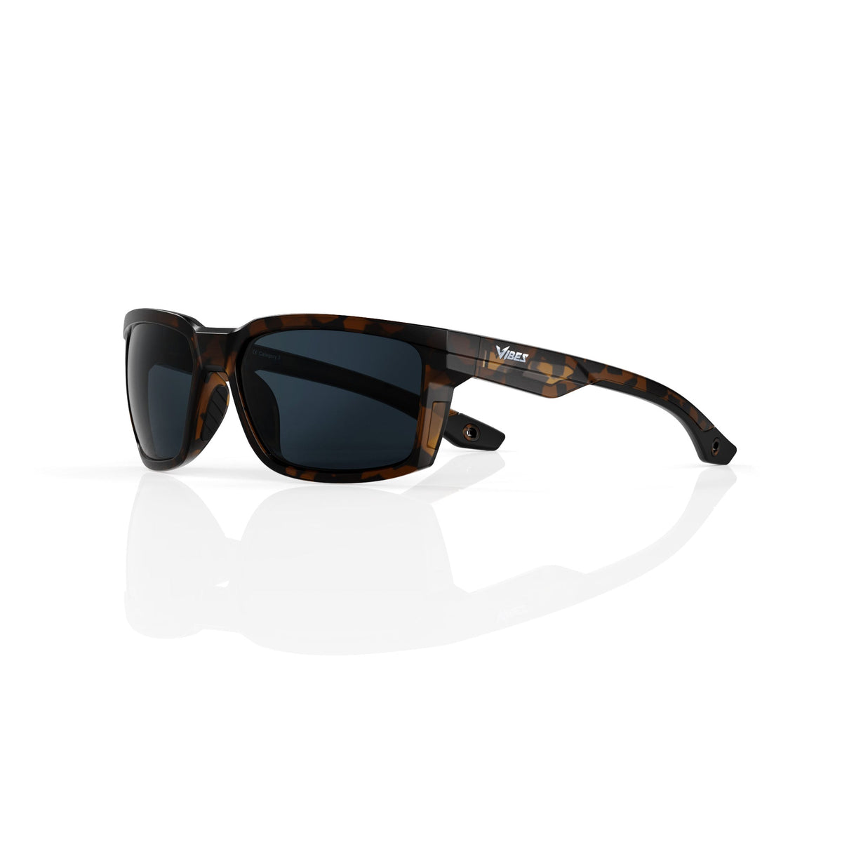 Flux sport wrap sunglasses in Black / Tortoise, black lens on tortoise frame, three-quarter view