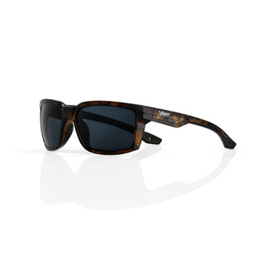 Flux sport wrap sunglasses in Black / Tortoise, black lens on tortoise frame, three-quarter view