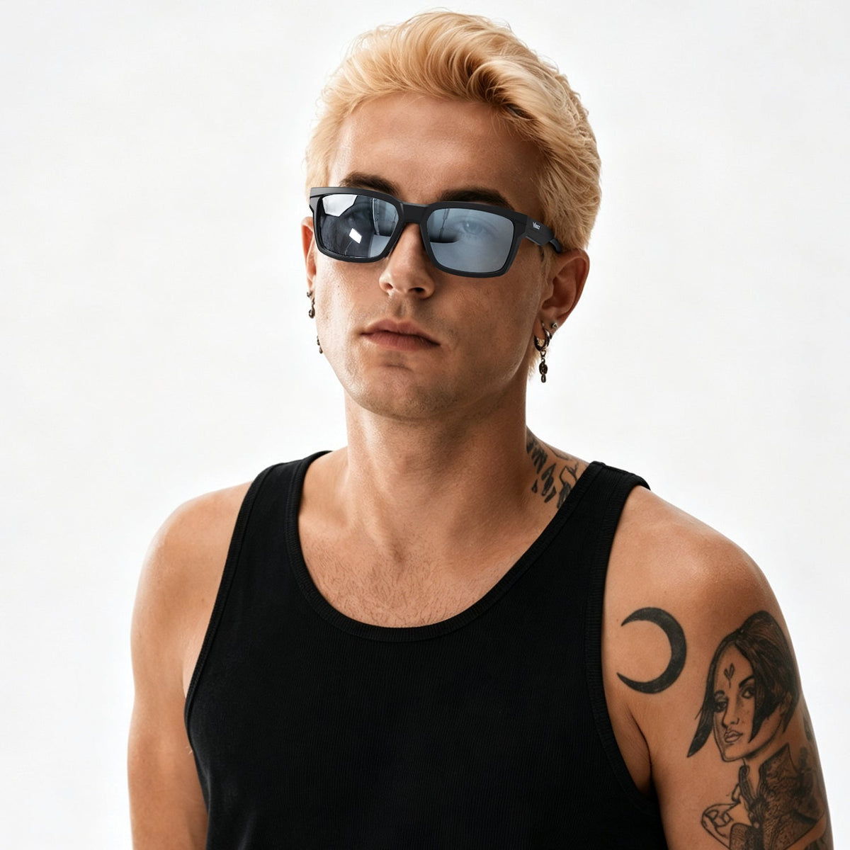 Flux sport wrap sunglasses in Grey / Black, grey lens on black frame, worn, front view