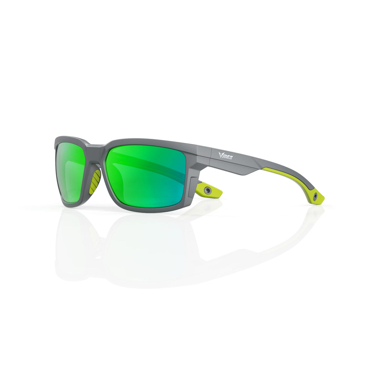 Flux sport wrap sunglasses in Green / Smoke Grey, green lens on smoke grey frame, three-quarter view