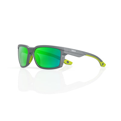 Flux sport wrap sunglasses in Green / Smoke Grey, green lens on smoke grey frame, three-quarter view