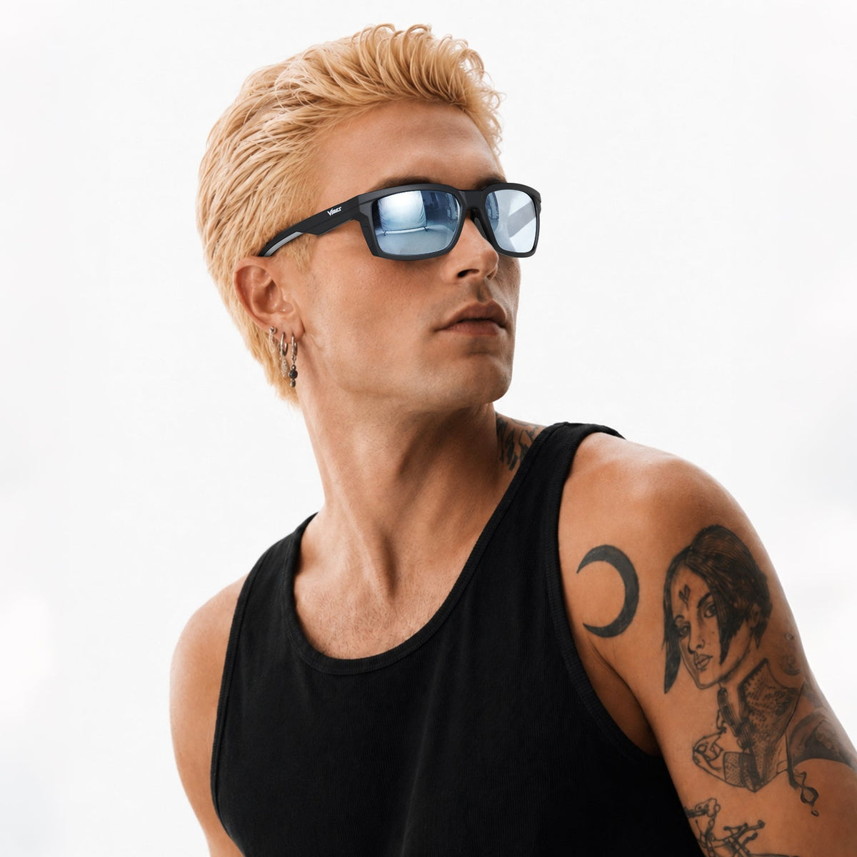 Flux sport wrap sunglasses in Grey / Black, grey lens on black frame, worn, side view