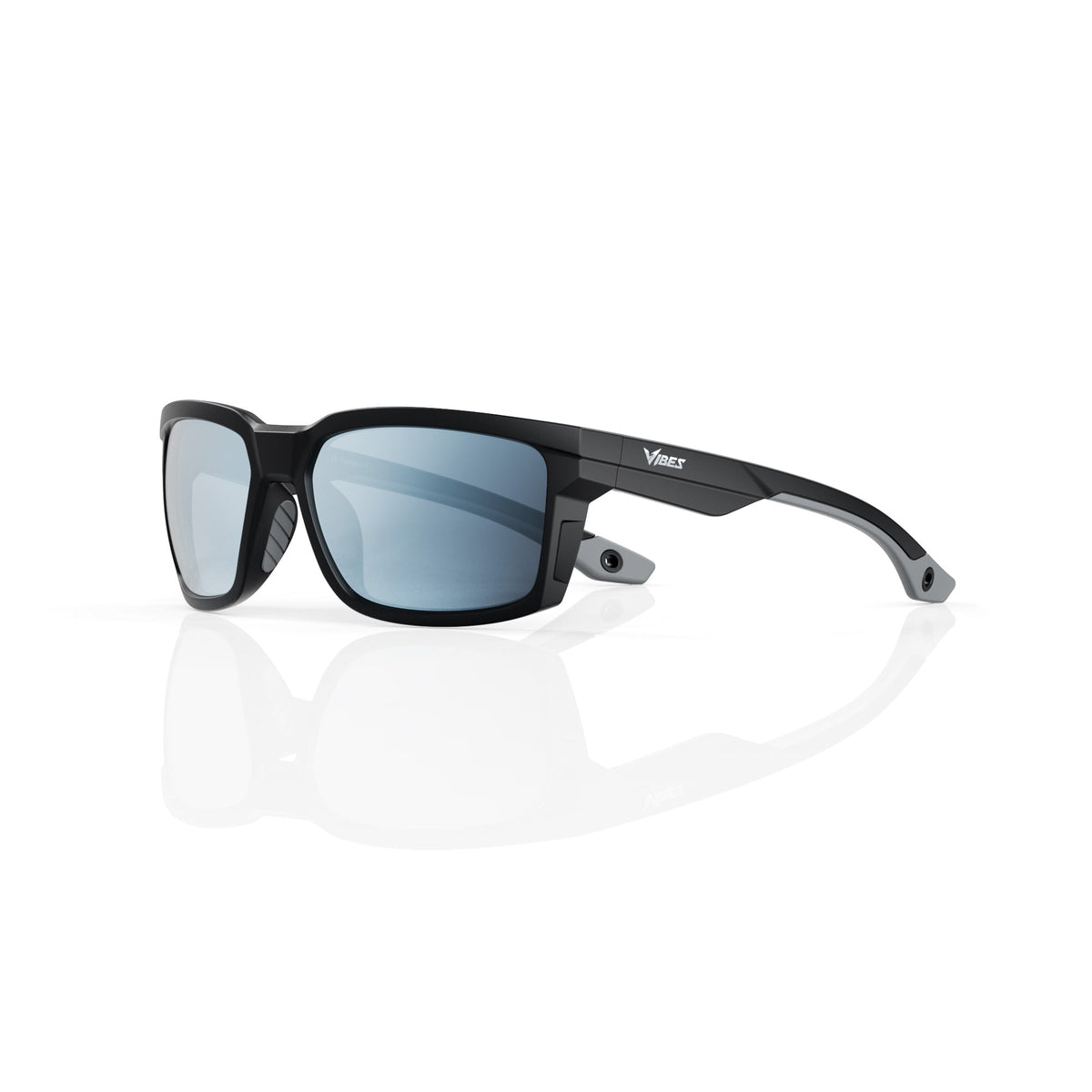Flux sport wrap sunglasses in Grey / Black, grey lens on black frame, three-quarter view