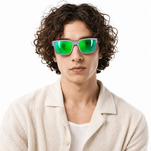 Flux sport wrap sunglasses in Green / Smoke Grey, green lens on smoke grey frame, worn, front view
