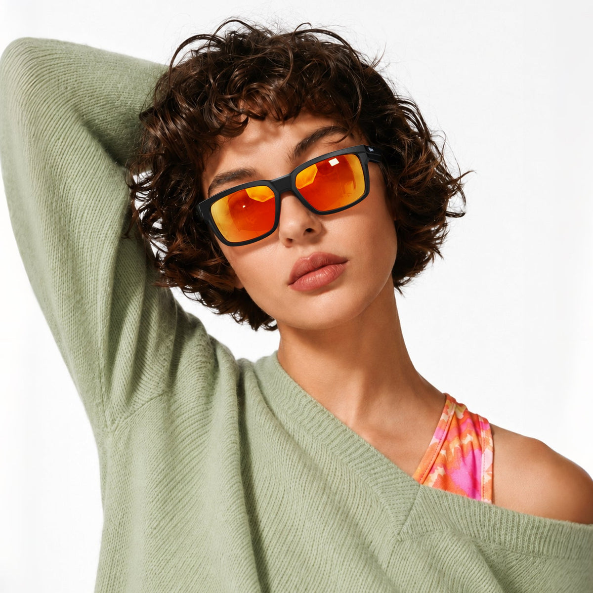 Flux sport wrap sunglasses in Orange / Black, orange lens on black frame, worn, front view