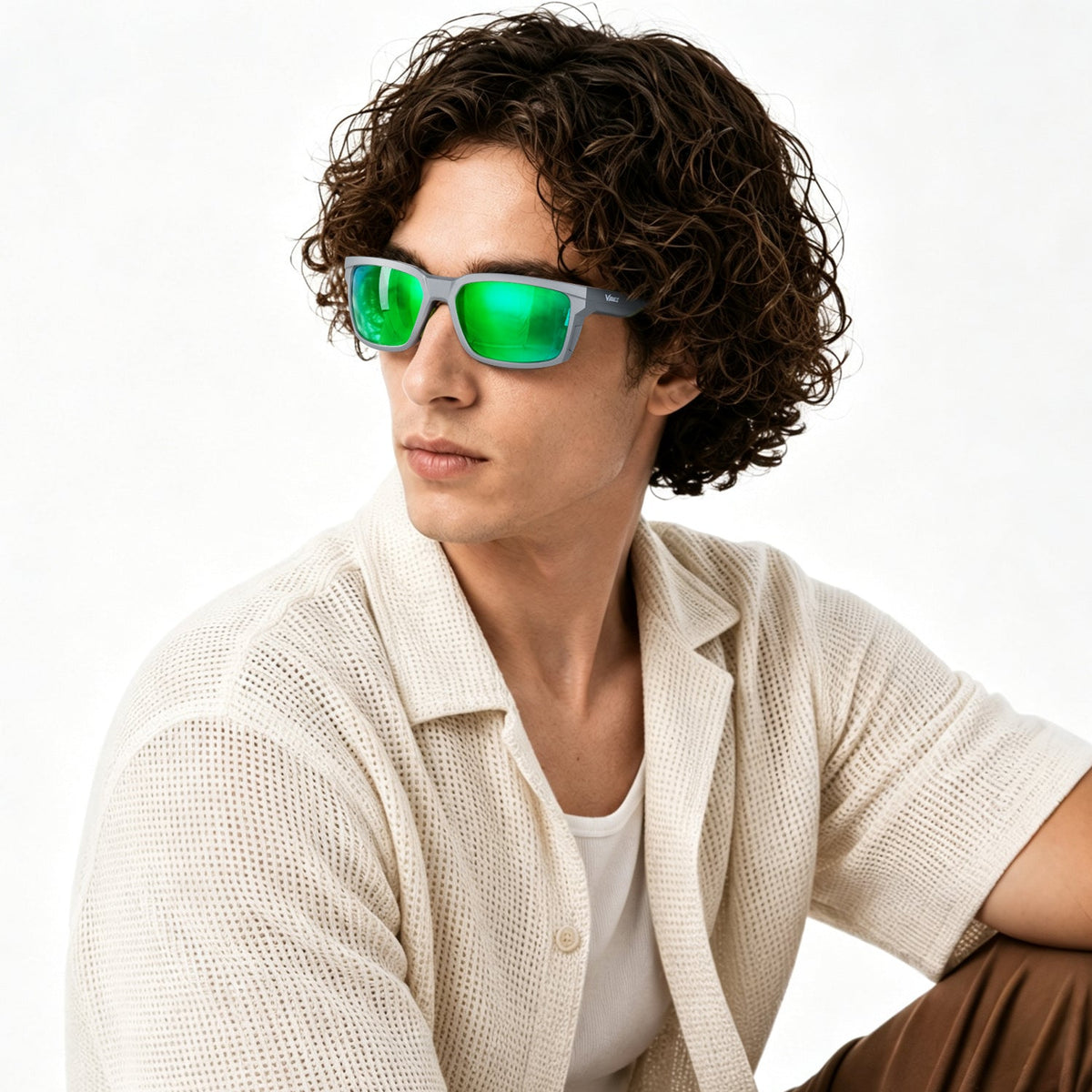 Flux sport wrap sunglasses in Green / Smoke Grey, green lens on smoke grey frame, worn, side view