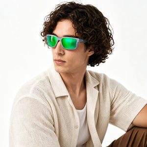 Flux sport wrap sunglasses in Green / Smoke Grey, green lens on smoke grey frame, worn, side view