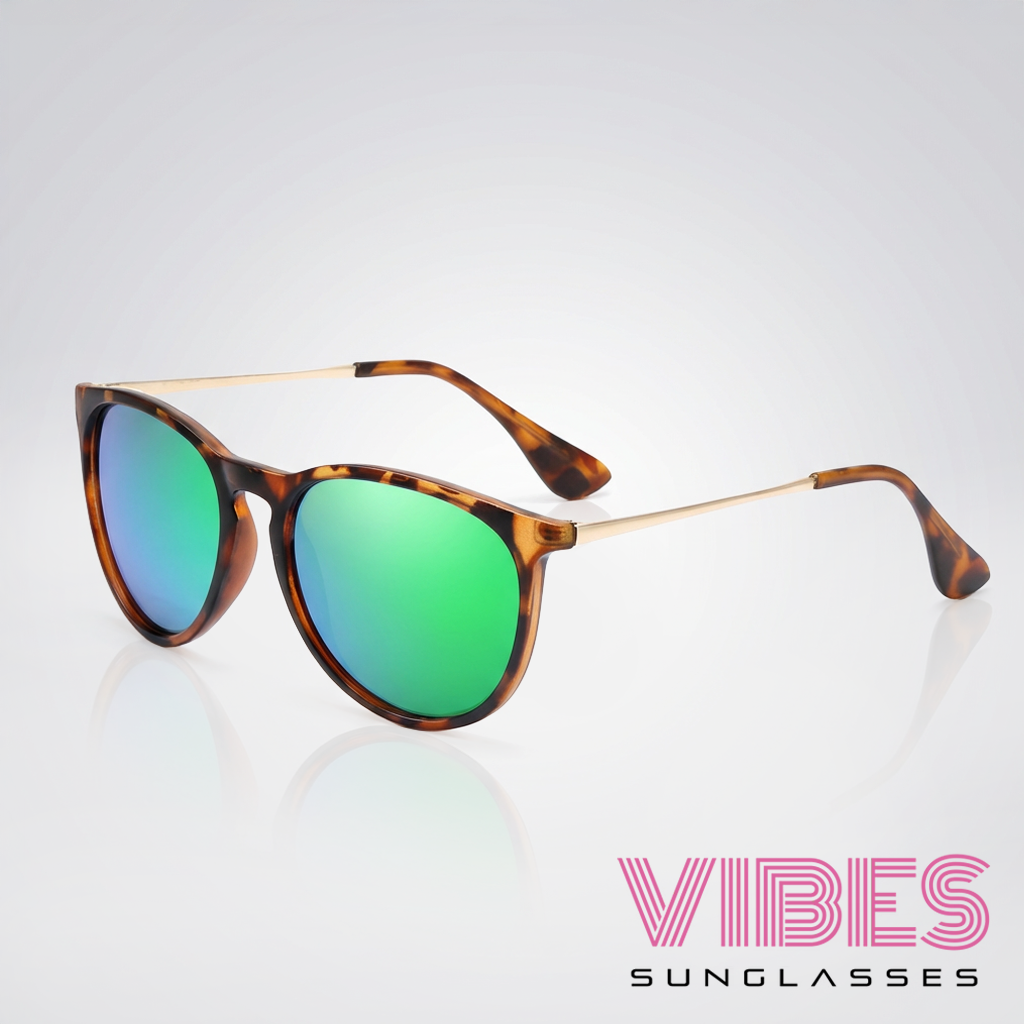 Tortoiseshell sunglasses with green mirrored lenses, stylish designer frames for everyday wear