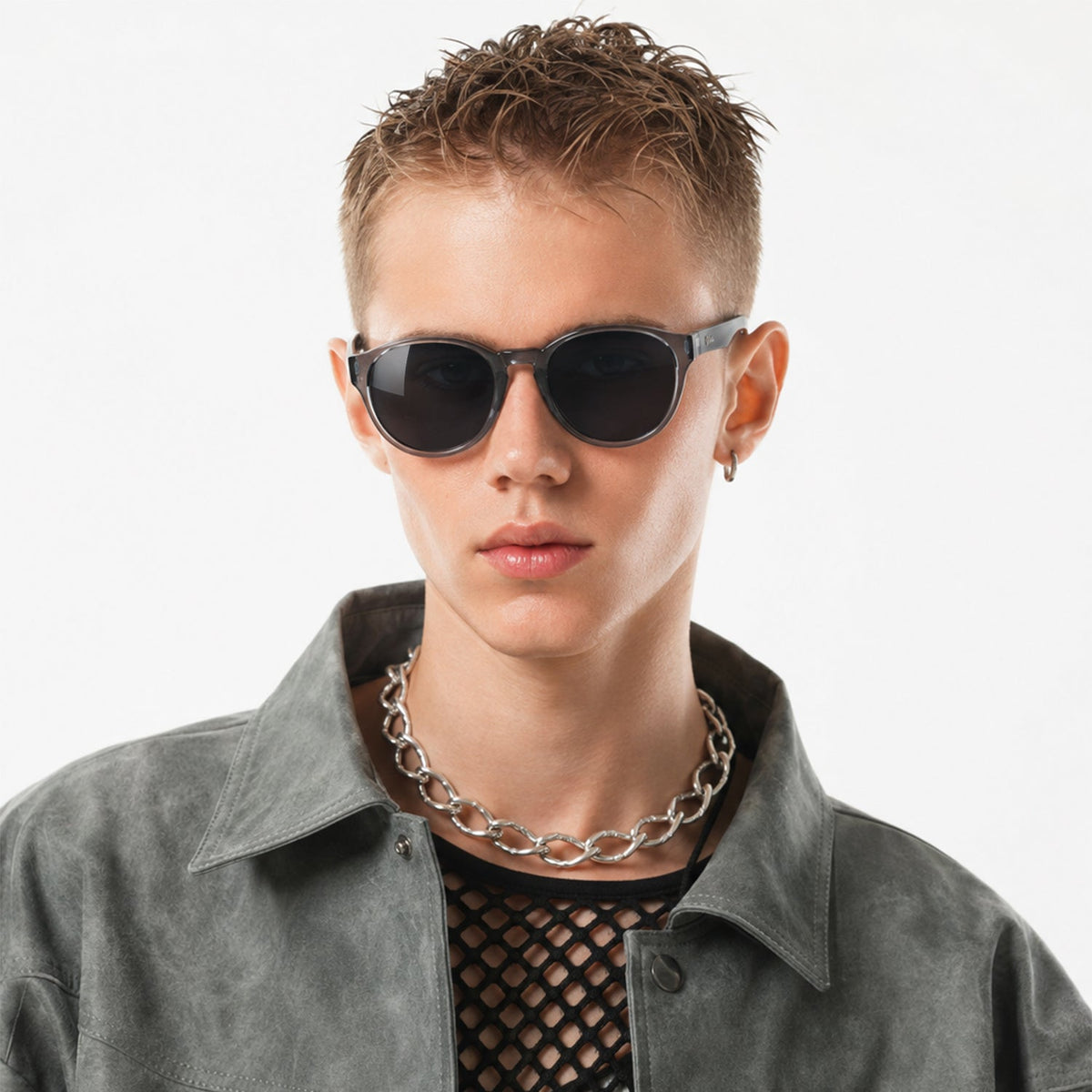 Hollis retro round sunglasses in Grey / Clear Grey, grey lens on clear grey frame, worn, front view