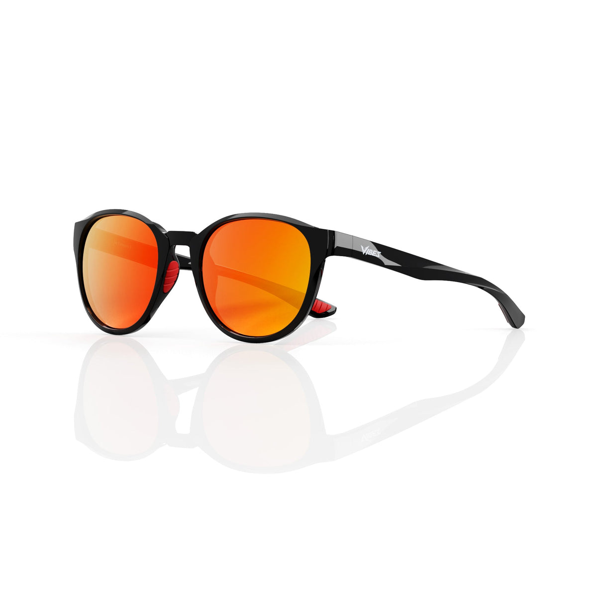 Hollis retro round sunglasses in Orange / Black, orange lens on black frame, three-quarter view