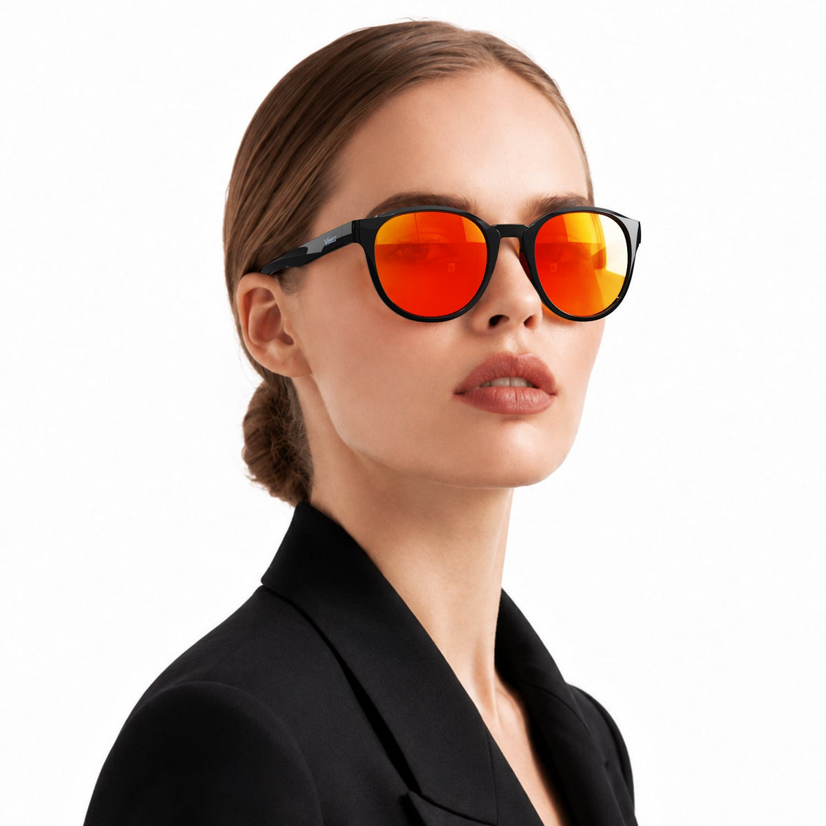 Hollis retro round sunglasses in Orange / Black, orange lens on black frame, worn, side view