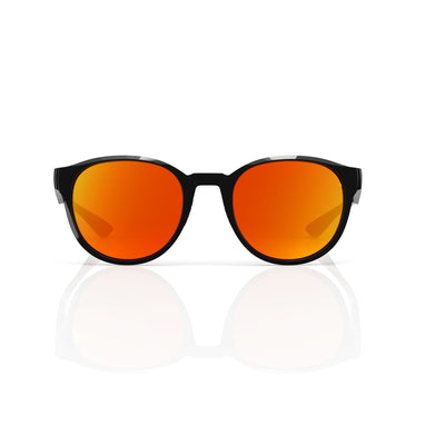 Hollis retro round sunglasses in Orange / Black, orange lens on black frame, front view