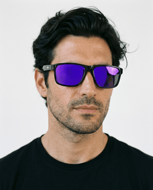 Delmar flat-top square sunglasses in Purple / Black, purple lens on black frame, worn by a man, front view
