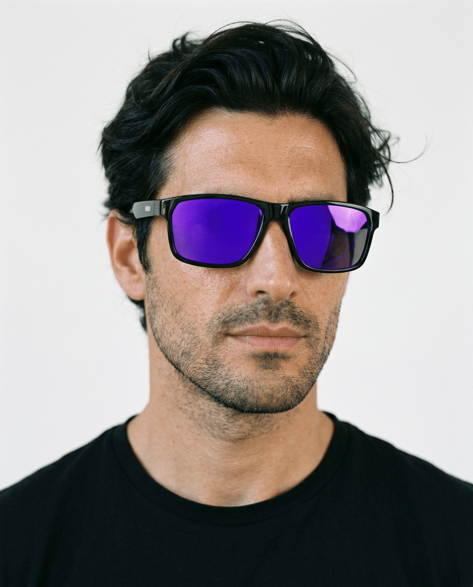 Delmar flat-top square sunglasses in Purple / Black, purple lens on black frame, worn by a man, front view