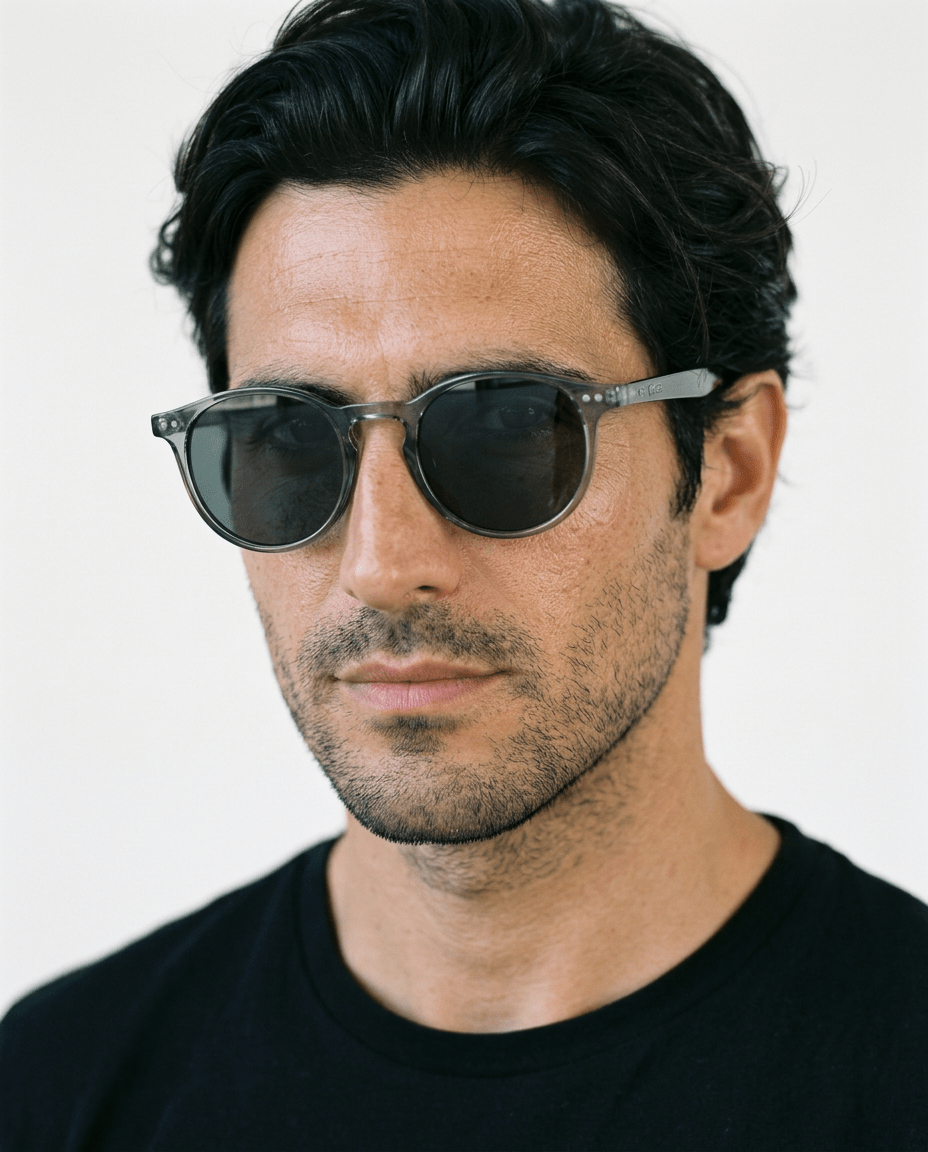 Onyx round retro sunglasses in Black / Clear Grey, black lens on clear grey frame, worn by a man, front view
