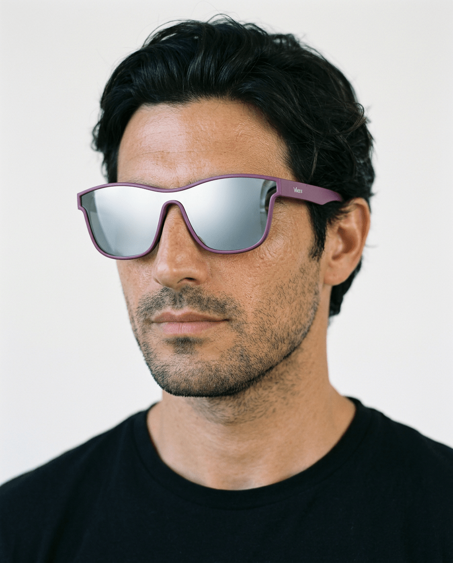 Radar performance wrap sunglasses in Silver / Purple, silver lens on purple frame, worn by a man, front view