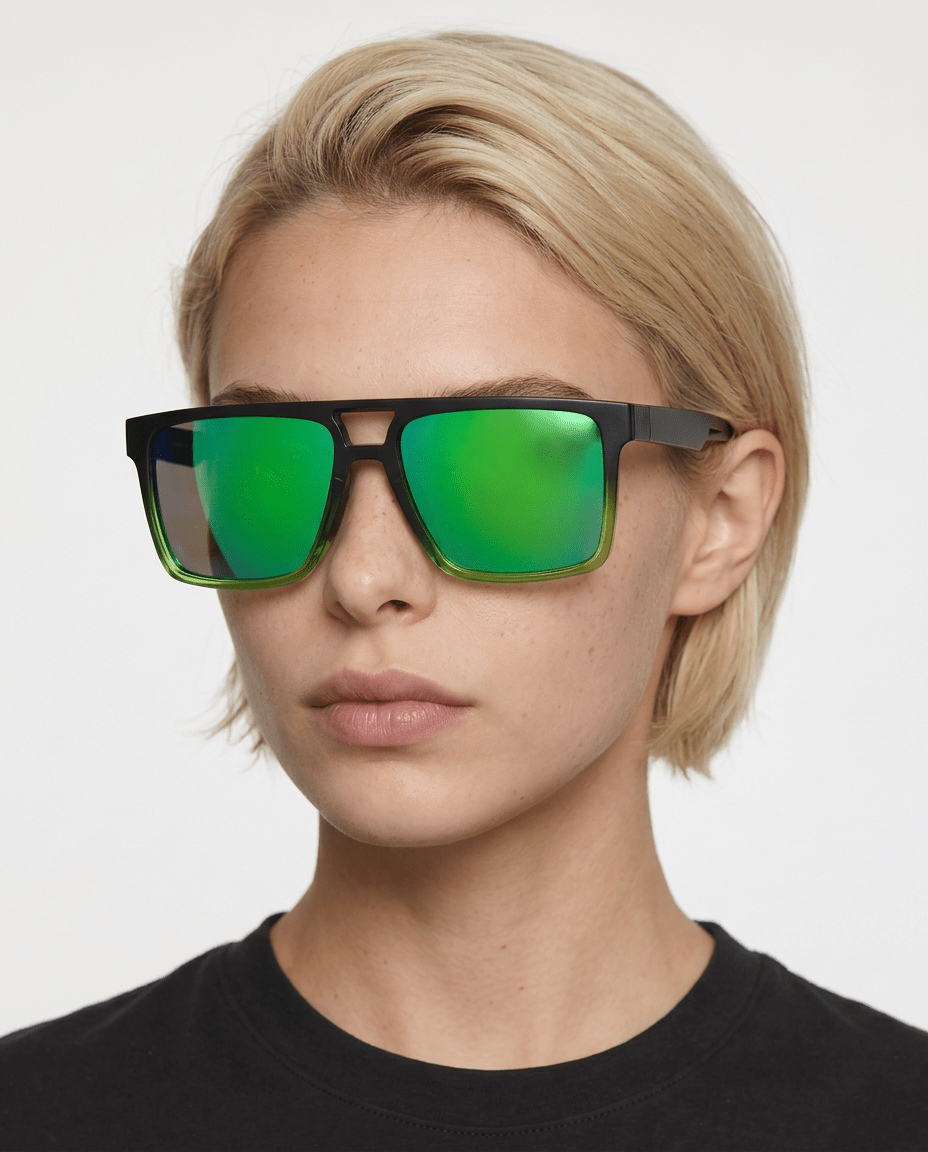 Sasha flat-top square sunglasses in Green / Black, green lens on black frame, worn by a woman, front view