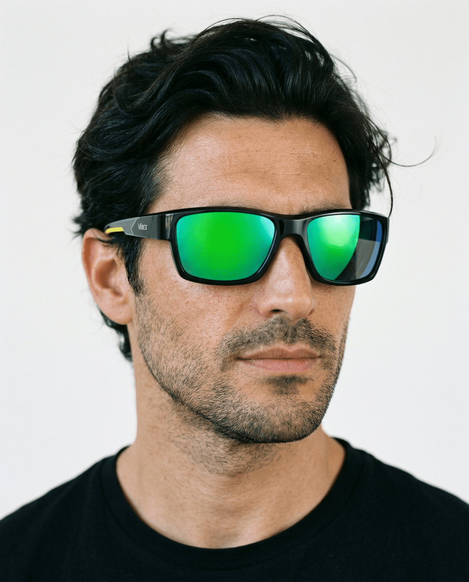 Specter slim wrap sunglasses in Green / Black, green lens on black frame, worn by a man, front view